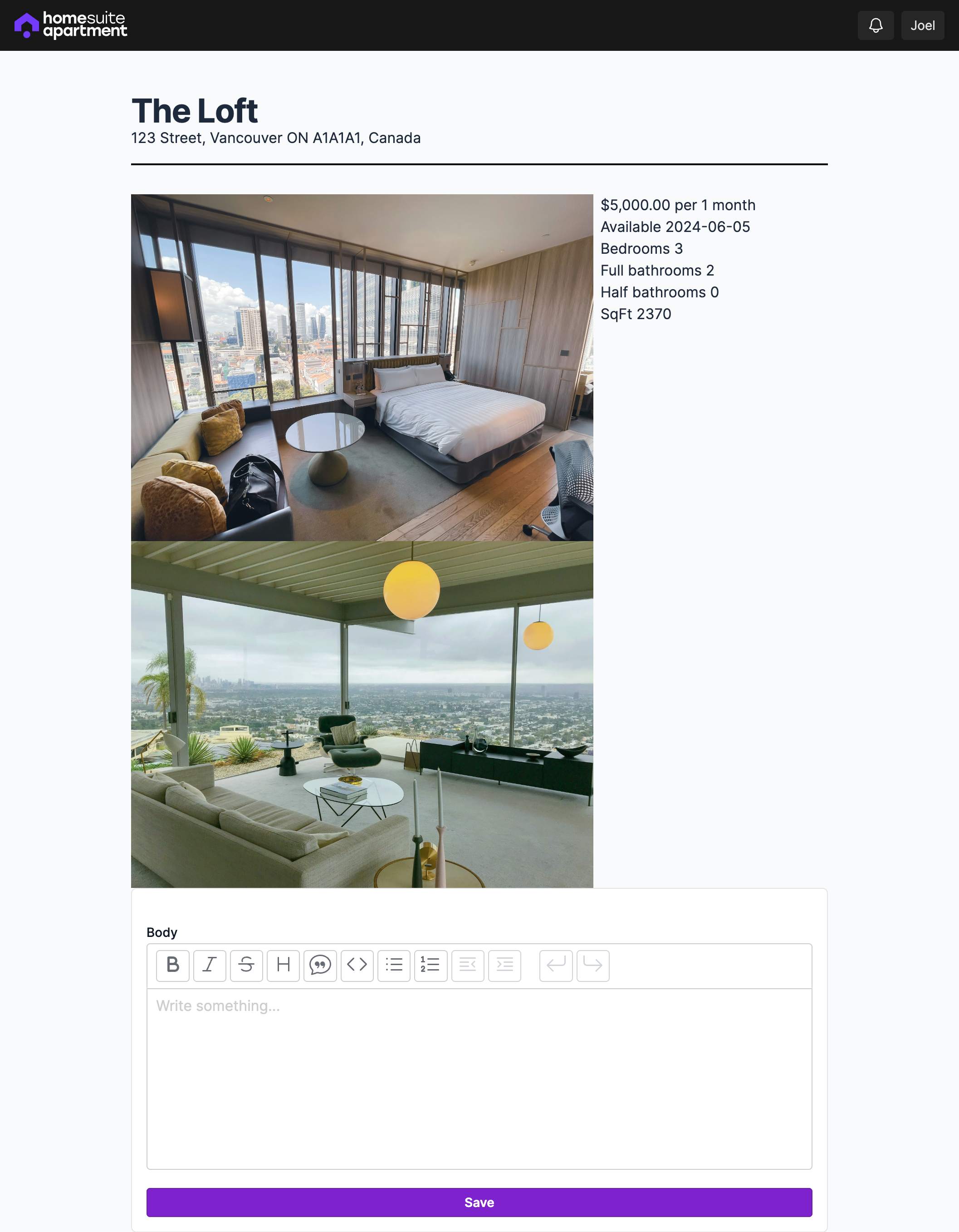 Screenshot of a unit listing with inquiry form at the bottom
