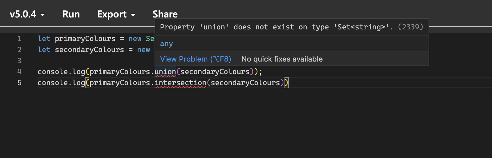 No Support for New ECMAScript Set Methods in TypeScript 5.0