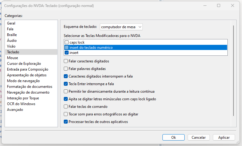 Indicação de onde fica a configuração "Selecionar as Teclas Modificadoras para o NVDA"