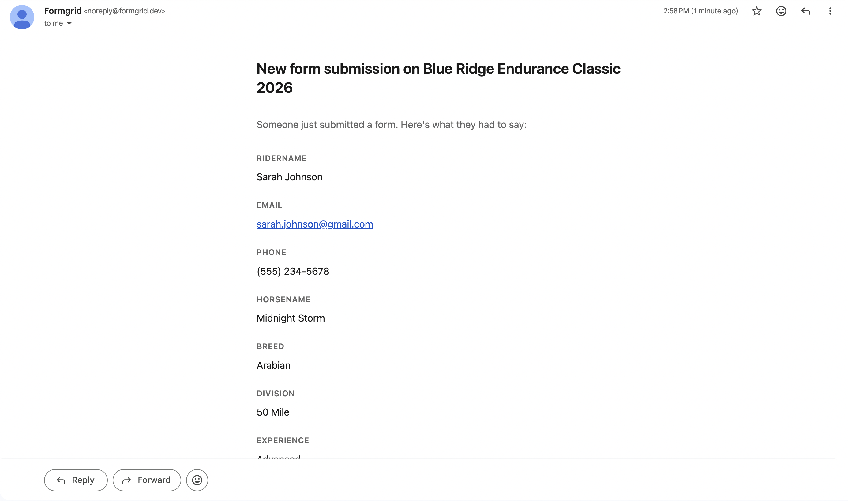 Instant email notification from Formgrid showing form submission details