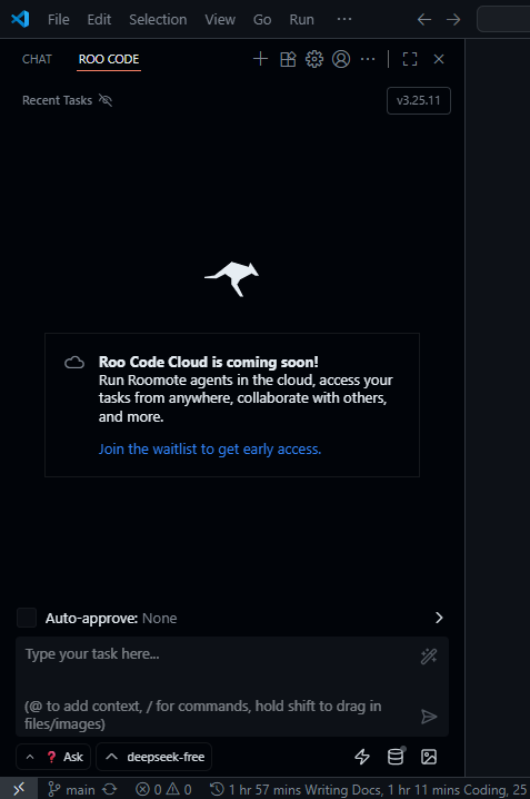 Tampilan awal Roo Code