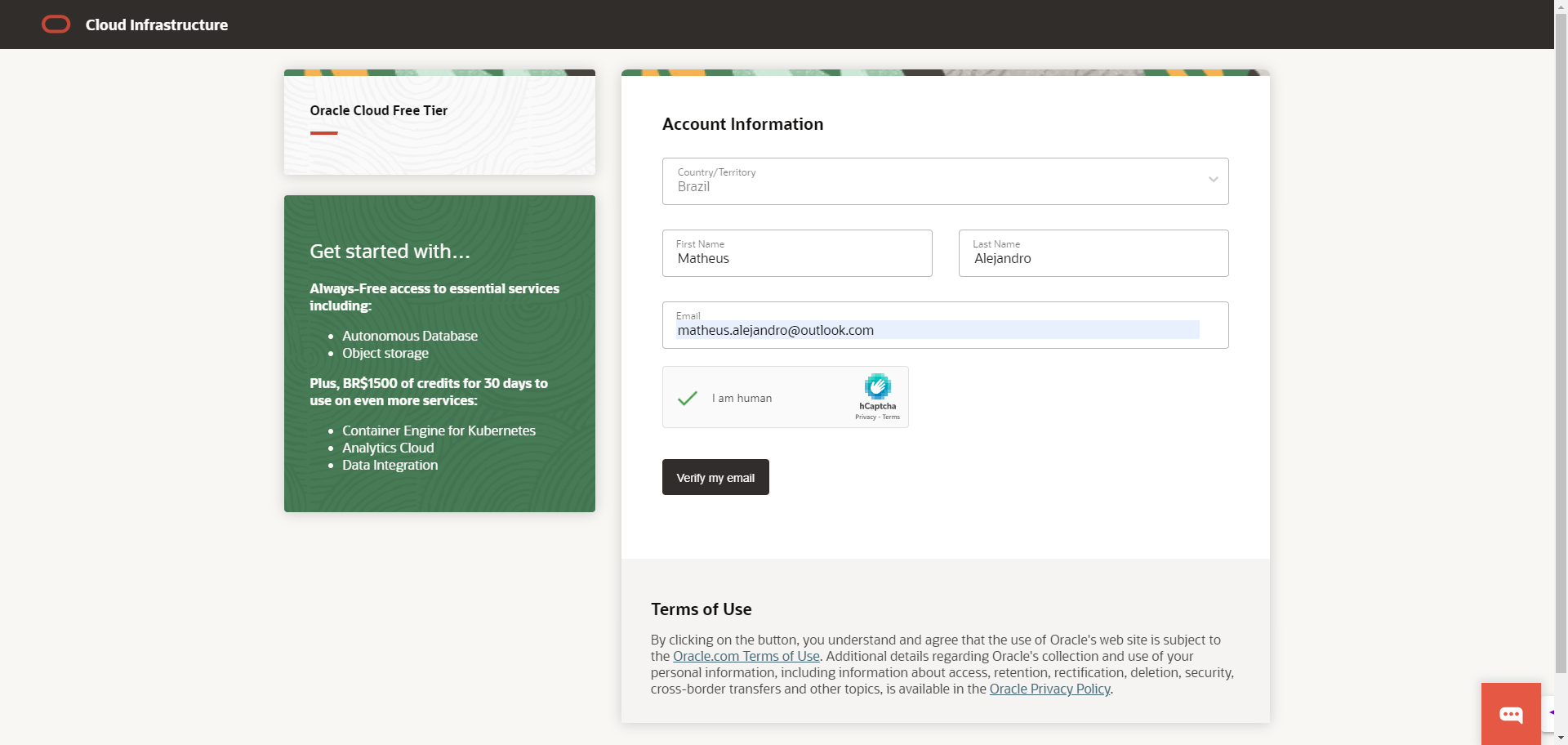 Tela de criação de conta