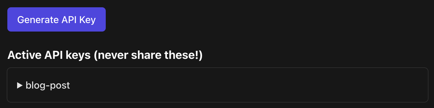 A screenshot of the "DEV Community API Keys" section with the new dropdown with the description you just entered