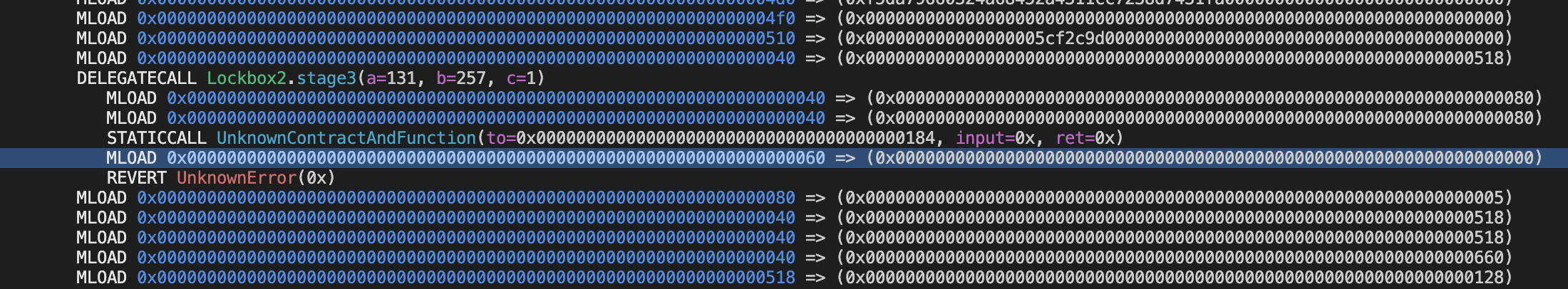 Terminal screenshot of display of MLOAD opcodes during the execution