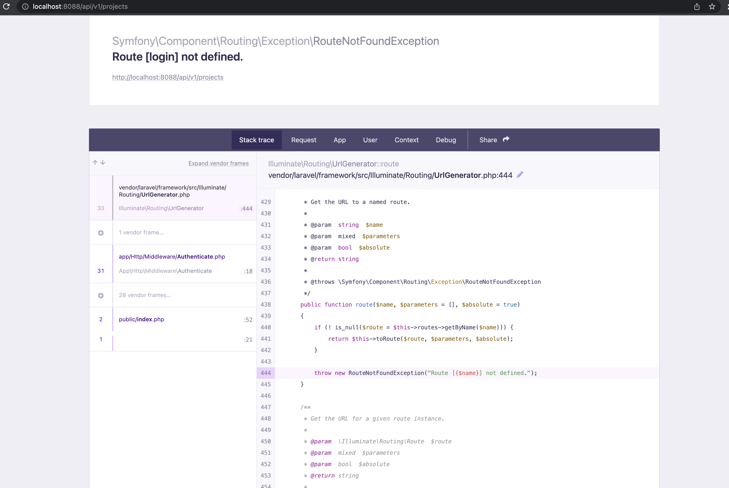 Laravel Exception when user unauthorized 