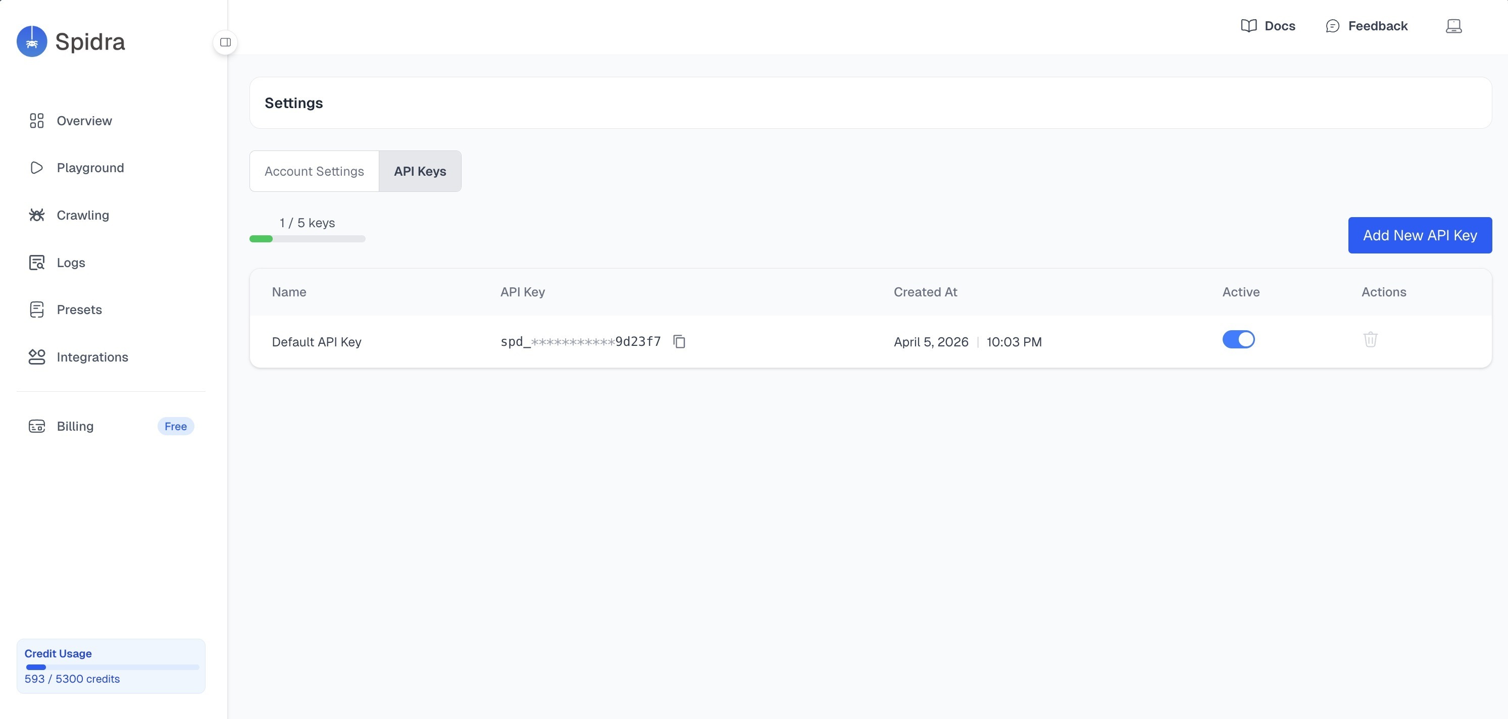API Key on Spidra dashboard