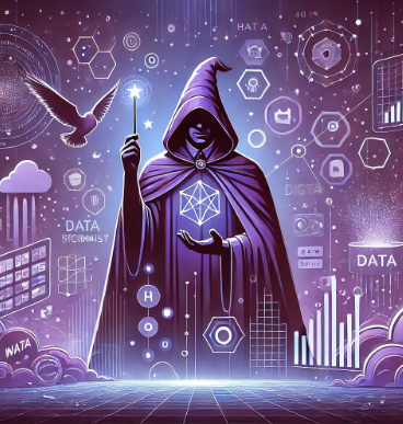 Here is the illustration for the Data Scientist depicted as a wizard, portrayed as a black male. This image uses a mystical tech environment with purple tones to enhance the sense of magic and mastery over data.