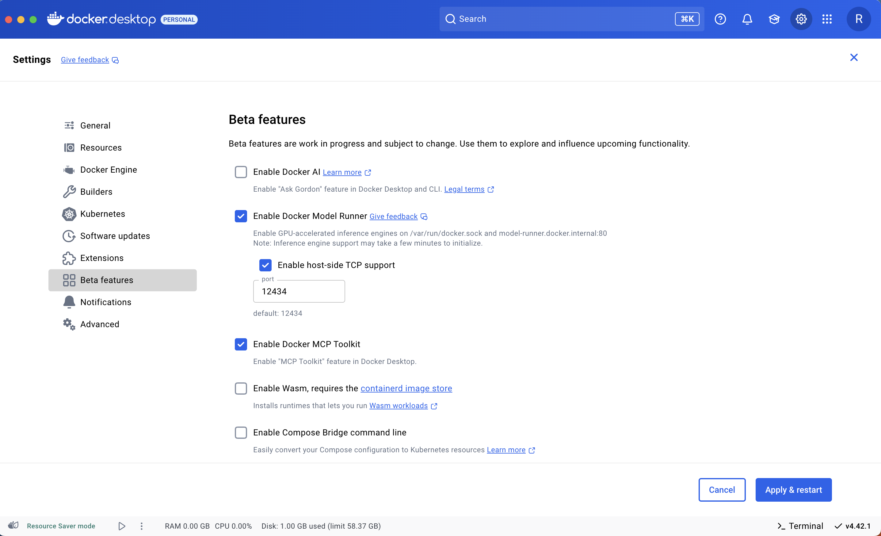Docker desktop settings