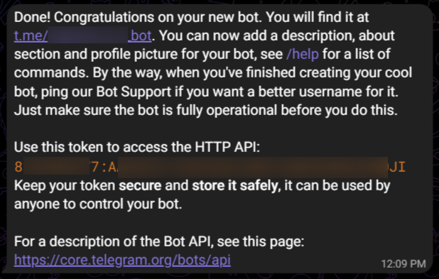 Telegram BotFather 申請機器人後取得的 HTTP API Token 範例