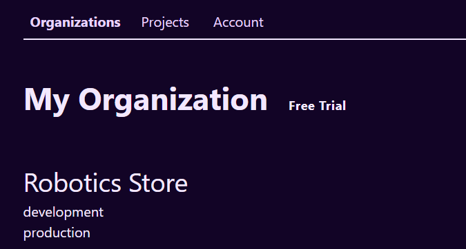 Basic project display layout with plain text for the project name and environment names