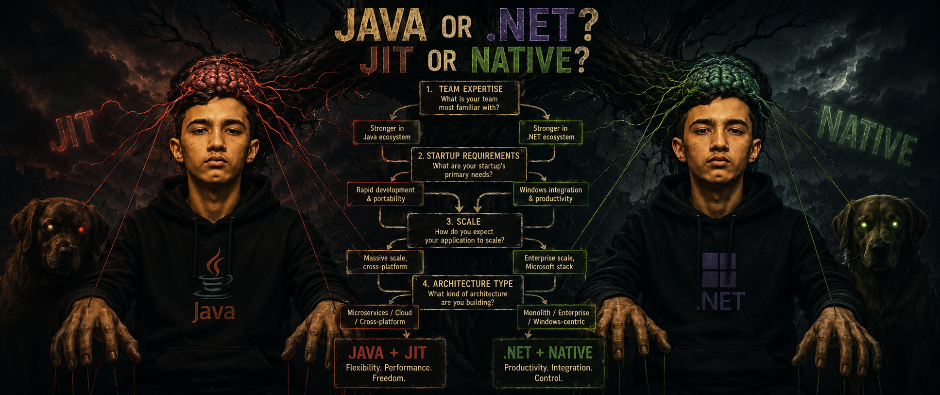 "Java or .NET? JIT or Native?" decision tree with branching questions about team expertise, startup requirements, scale, and architecture type 