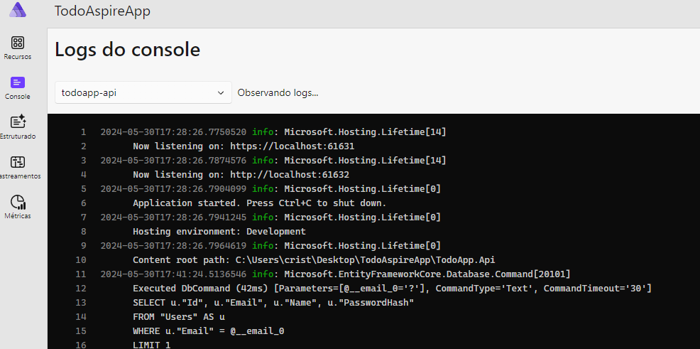 Imagem logs do console