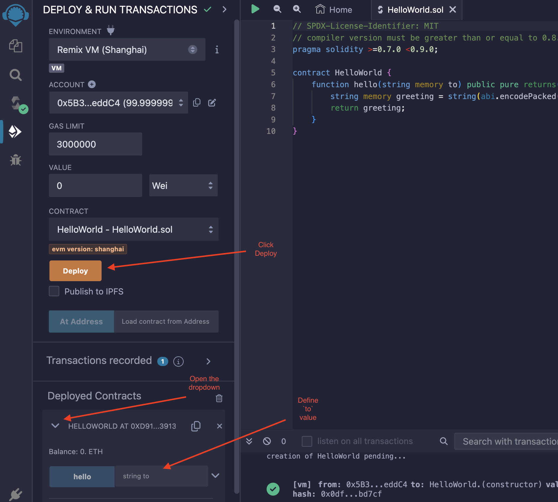 Solidity smart contract deployment