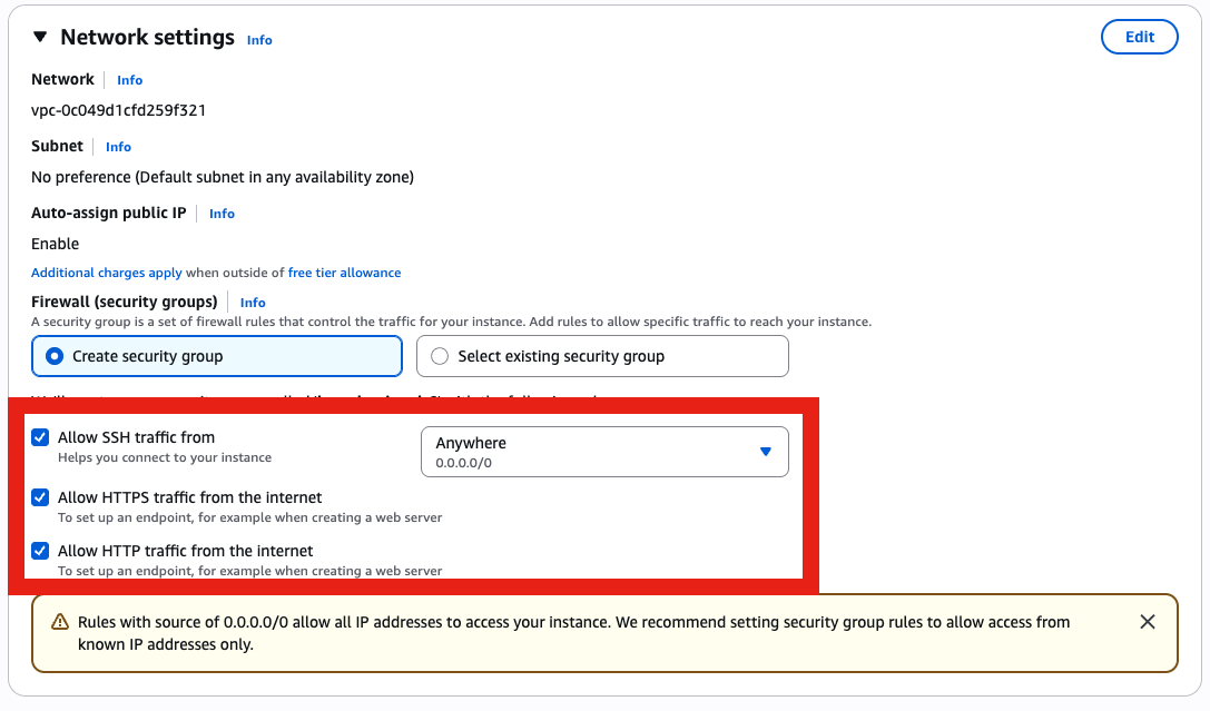 Configure security group to allow HTTP, HTTPS, and SSH access