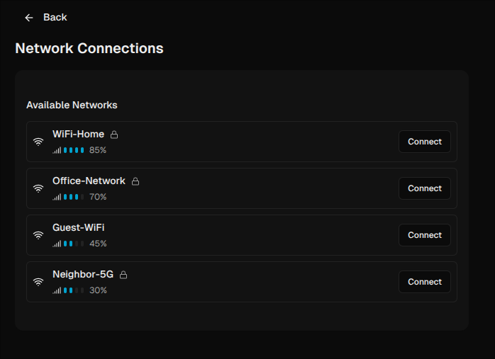 Network connection screen