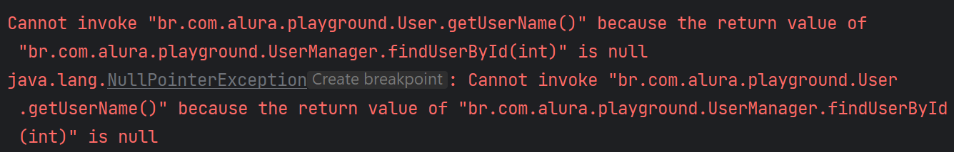 Mensagem da stack trace indicando o lançamento de um NullPointerException justificando que não pode chamar getUserName() porque o retorno foi null