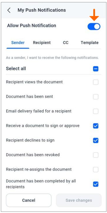 Turning off push notifications within the app