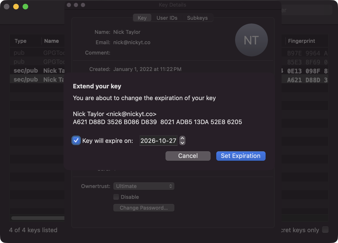 更改 GPG 金鑰的到期日期