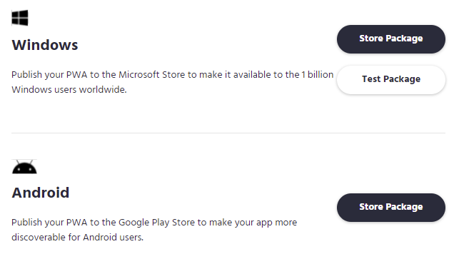 PWA store packages