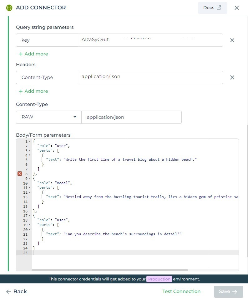 GeminiAI API connector Configuration