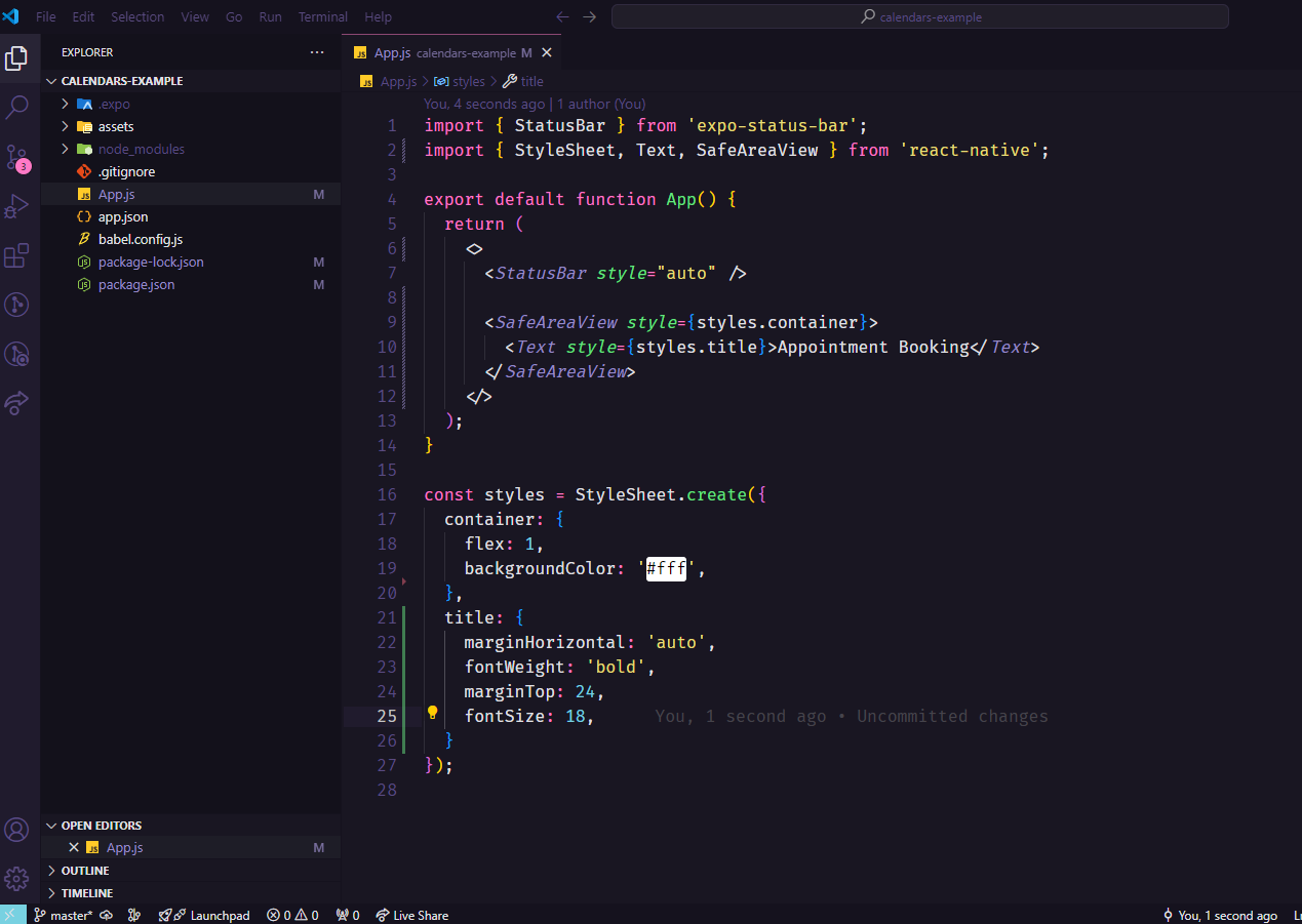 tela do vscode com código react-native