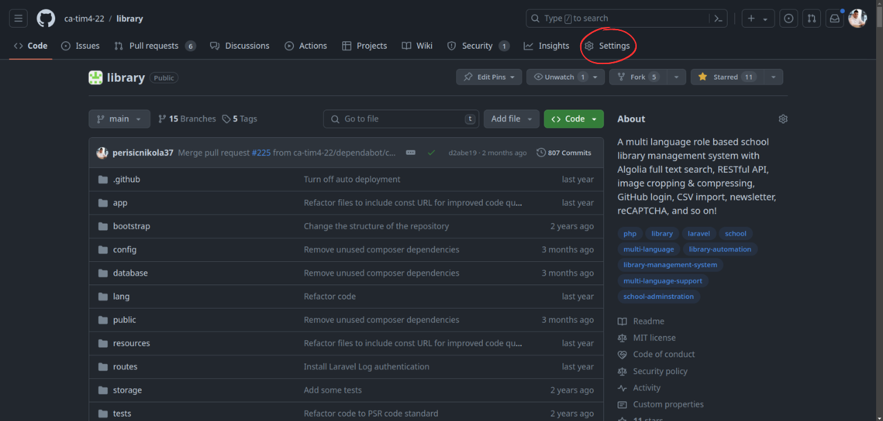 GitHub settings of repository