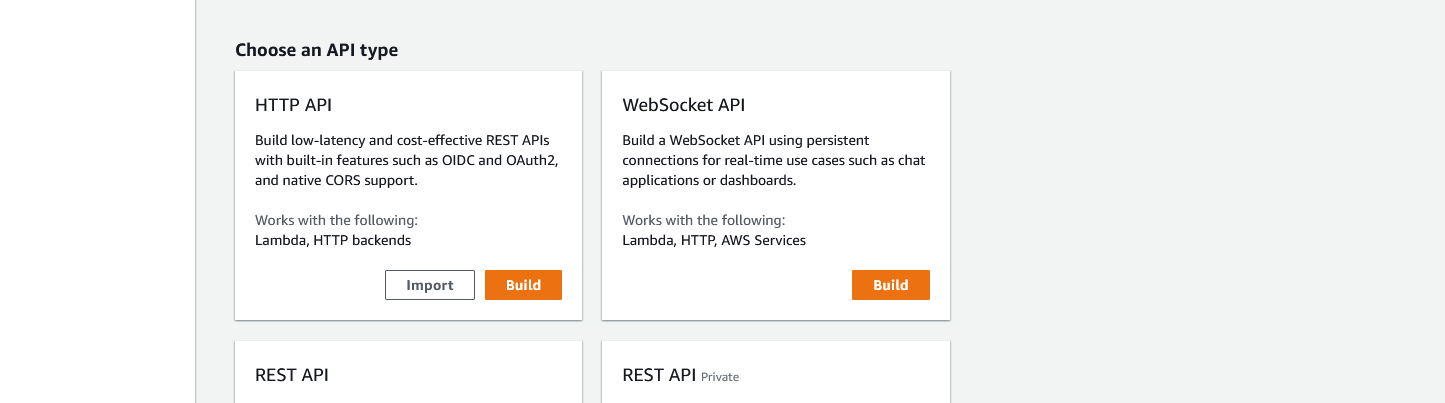 The API Gateway new API page. It shows an area to "Choose an API type" with several listed including HTTP API, each with a "Build" button.