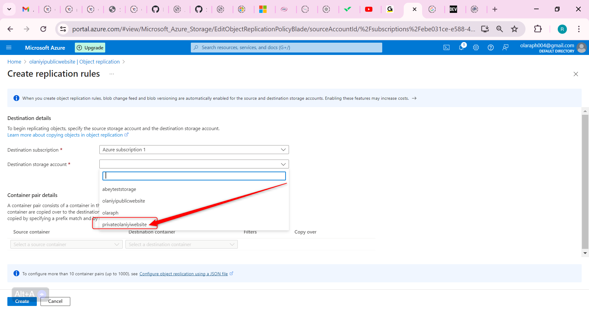 Destination storage account