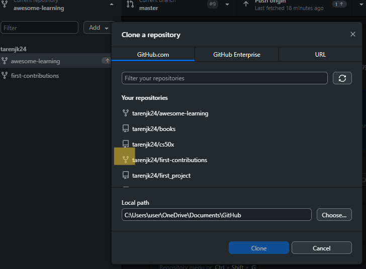 Click on "your-name/first-contributions" then "clone"