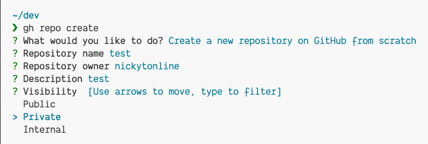 The GitHub CLI running with privacy selected for the visibility
