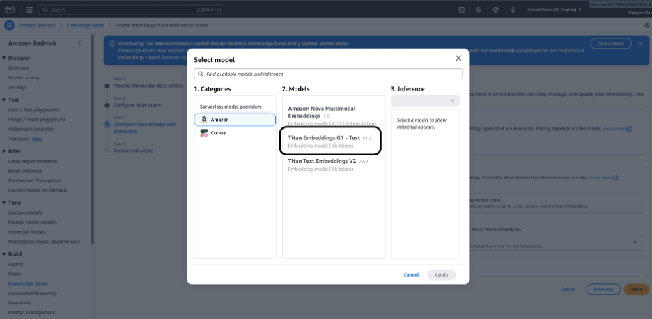 Select Titan G1 as Embedding Model screenshot