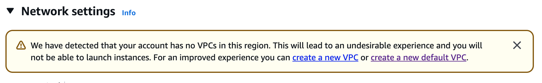 Banner prompting to create a default VPC