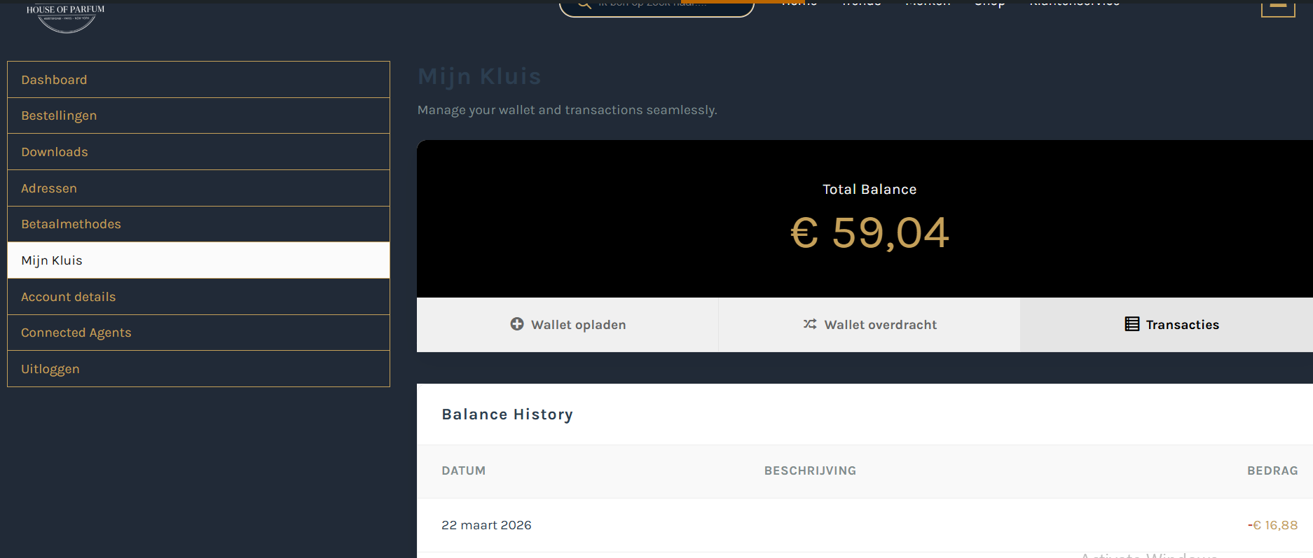 Customer wallet on houseofparfum.nl showing &euro;59,04 remaining balance and -&euro;16,88 debit from autonomous agent purchase on 22 March 2026