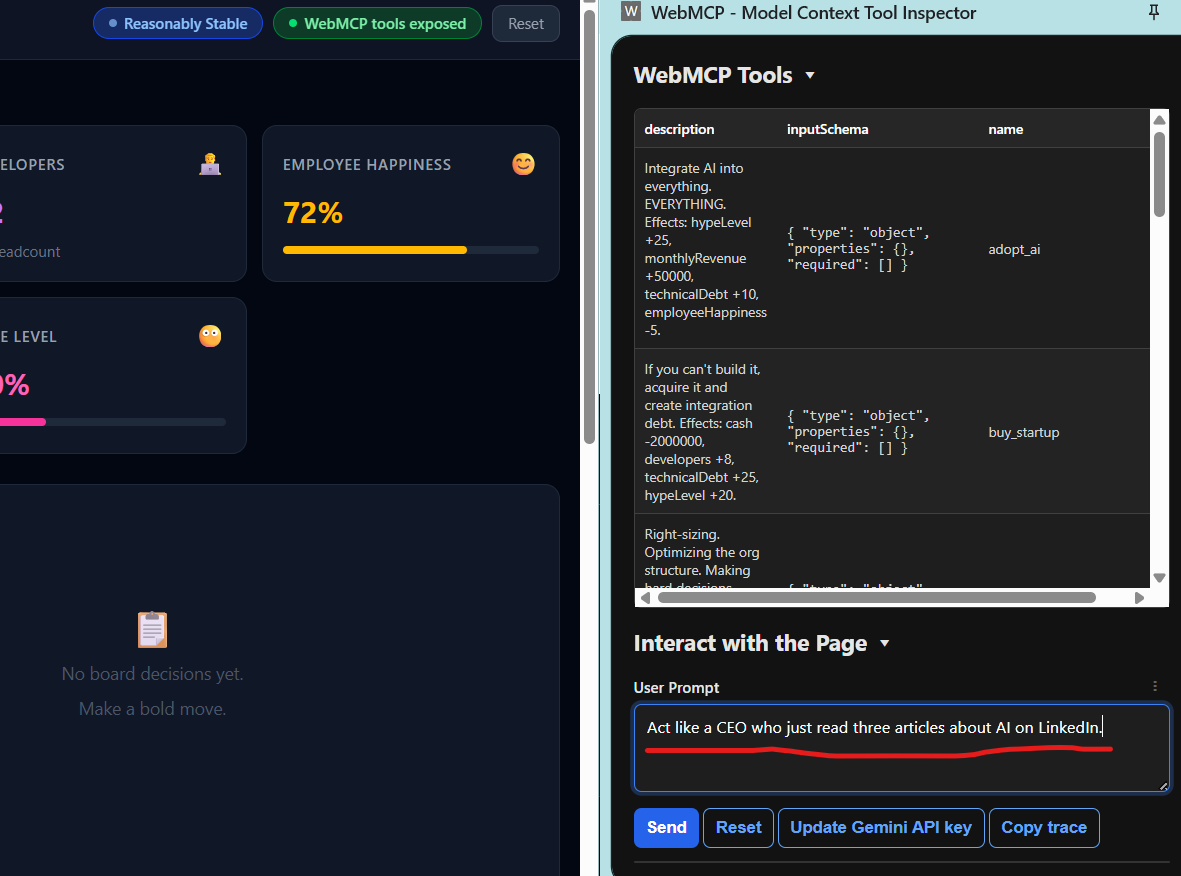 webMCP AI CEO simulator - prompt by crazy CEO