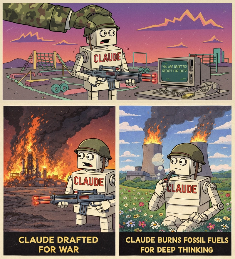 Claude as a cute robot drawn to war, firing a machine gun in front of burning oil refineries, thinking on a lawn in front of gas power plants, caption: Claude drafted for war, Claude burning fossil fuels for deep thinking