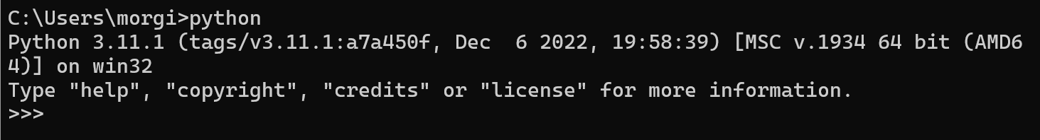 Print do prompt de comando com o python digitado e aguardando digitação dos próximos comandos python após >>>.