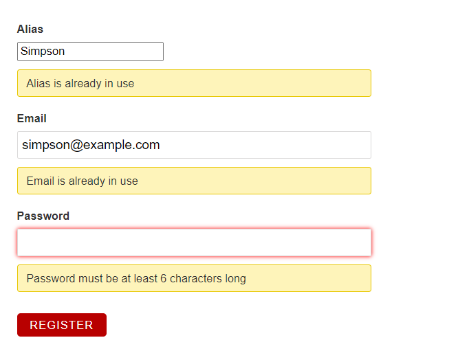 Errors in the form are pointed out on each input field that is applicable