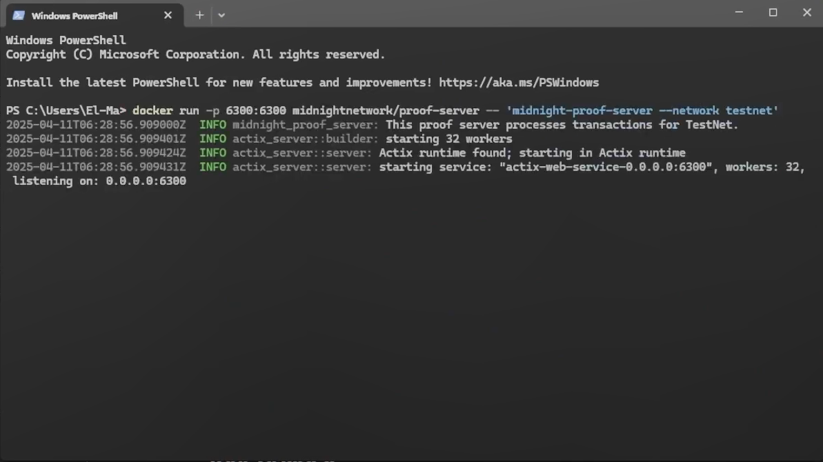 Terminal window showing the proof-server successfully running on the Midnight Testnet