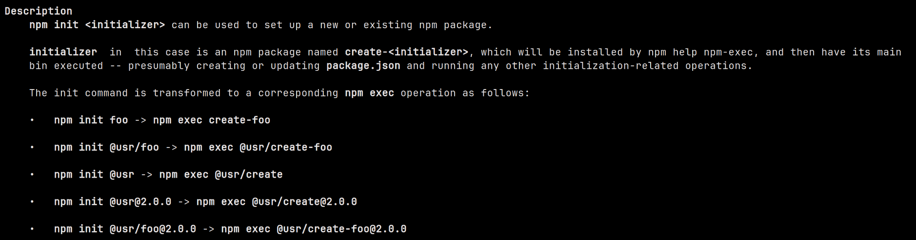 Screenshot of a terminal window that displays information about the 'npm init' command and its aliases without '-create' prefix