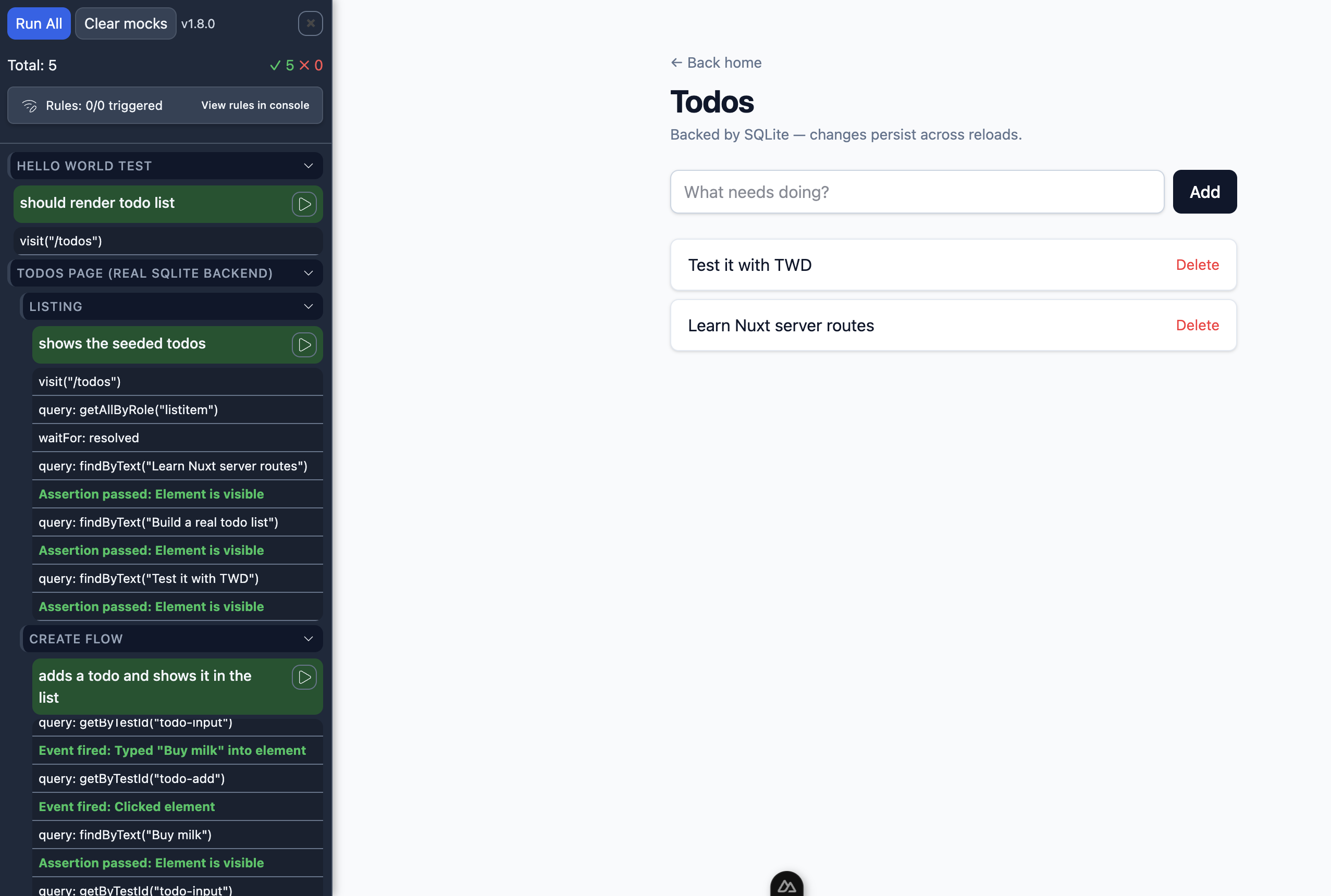 Nuxt app with twd tests running
