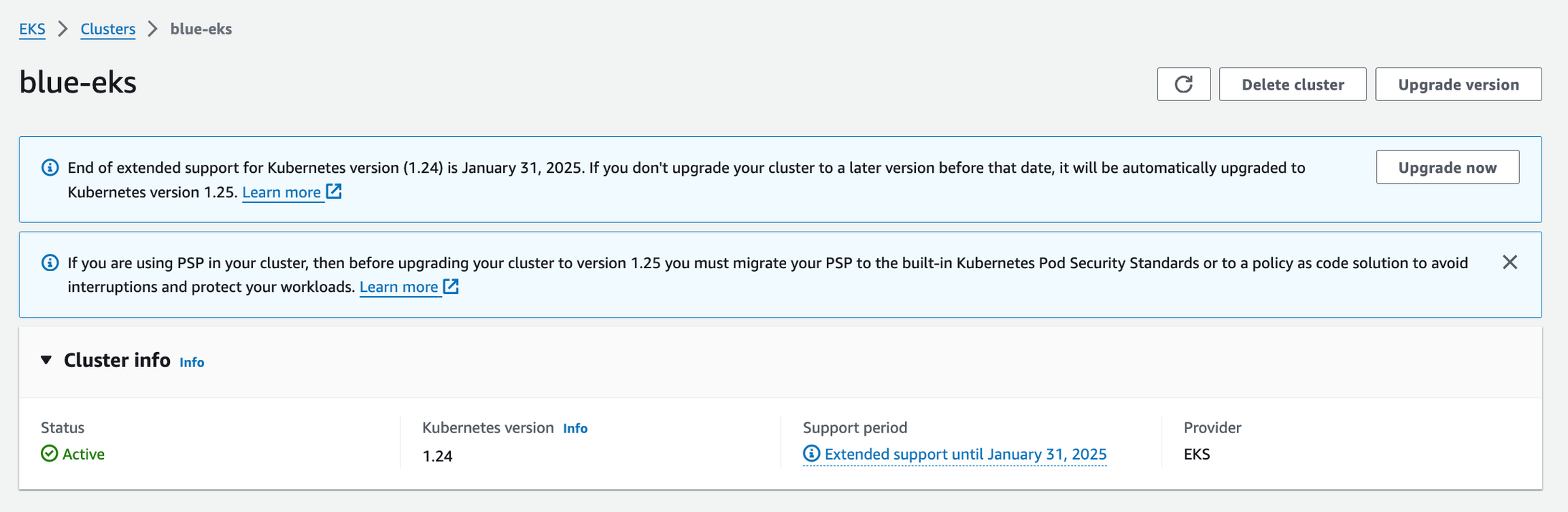 The current cluster’s version is 1.24 and it is running on extended support.n