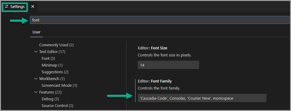 vs code font settings