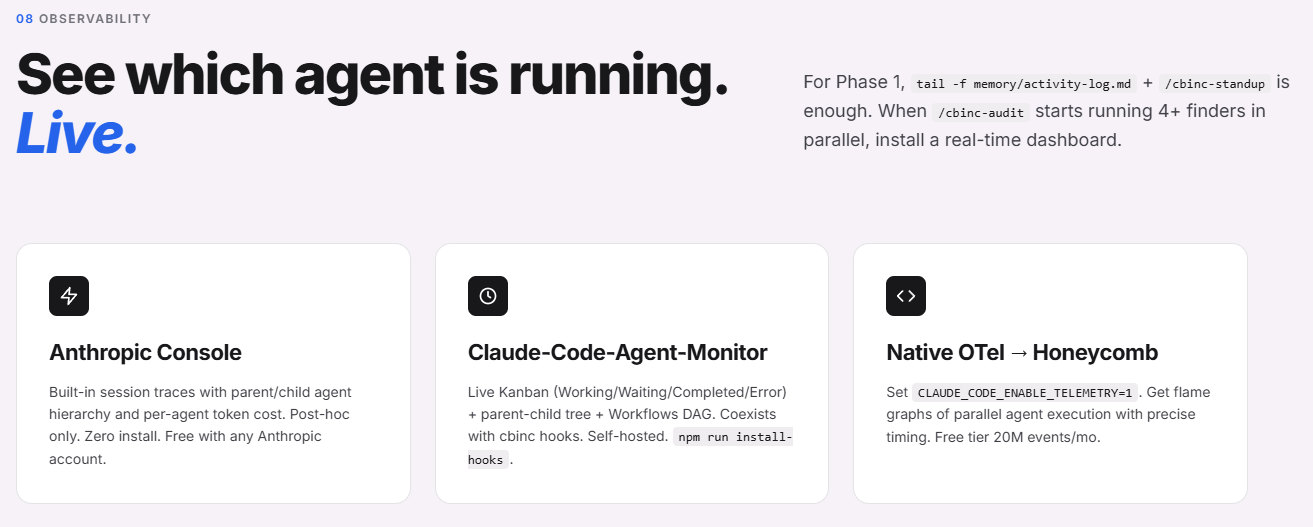 The agent monitor / observability dashboard with multiple specialists running