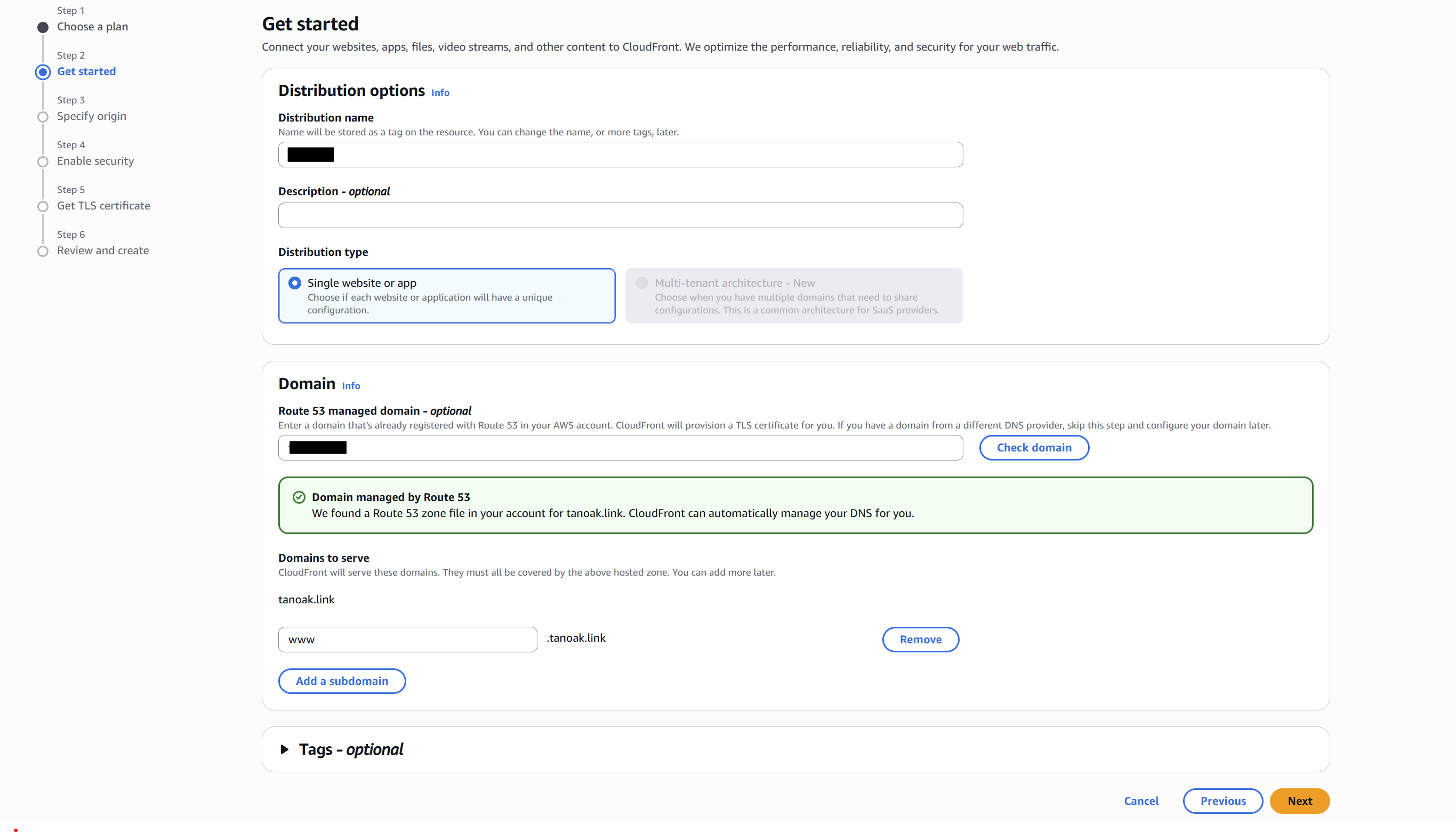 CloudFront Create Distribution page with distribution name, domain, and www settings