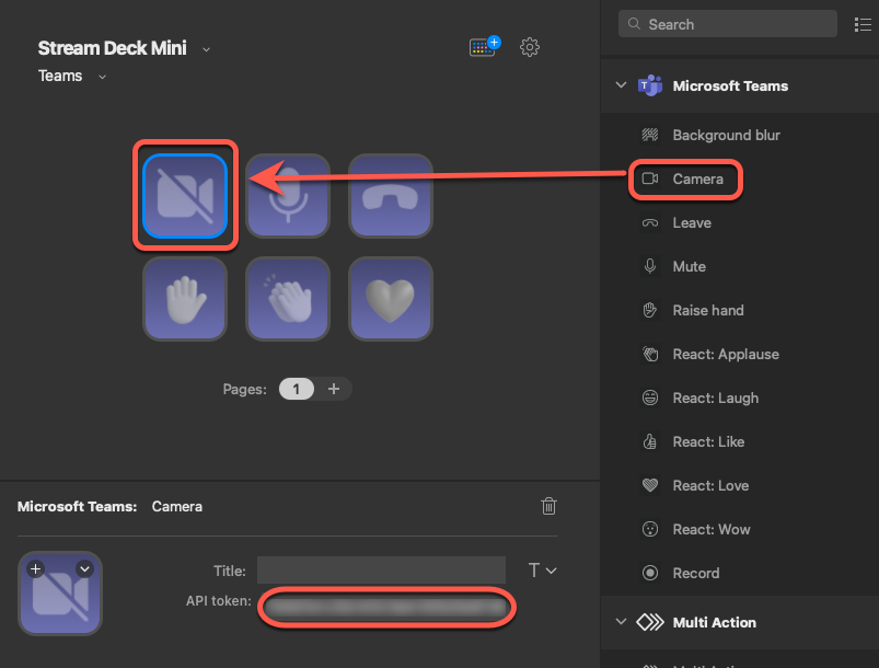 Stream deck configuration showing a profile called Teams that is set to activate when Microsoft Teams is active