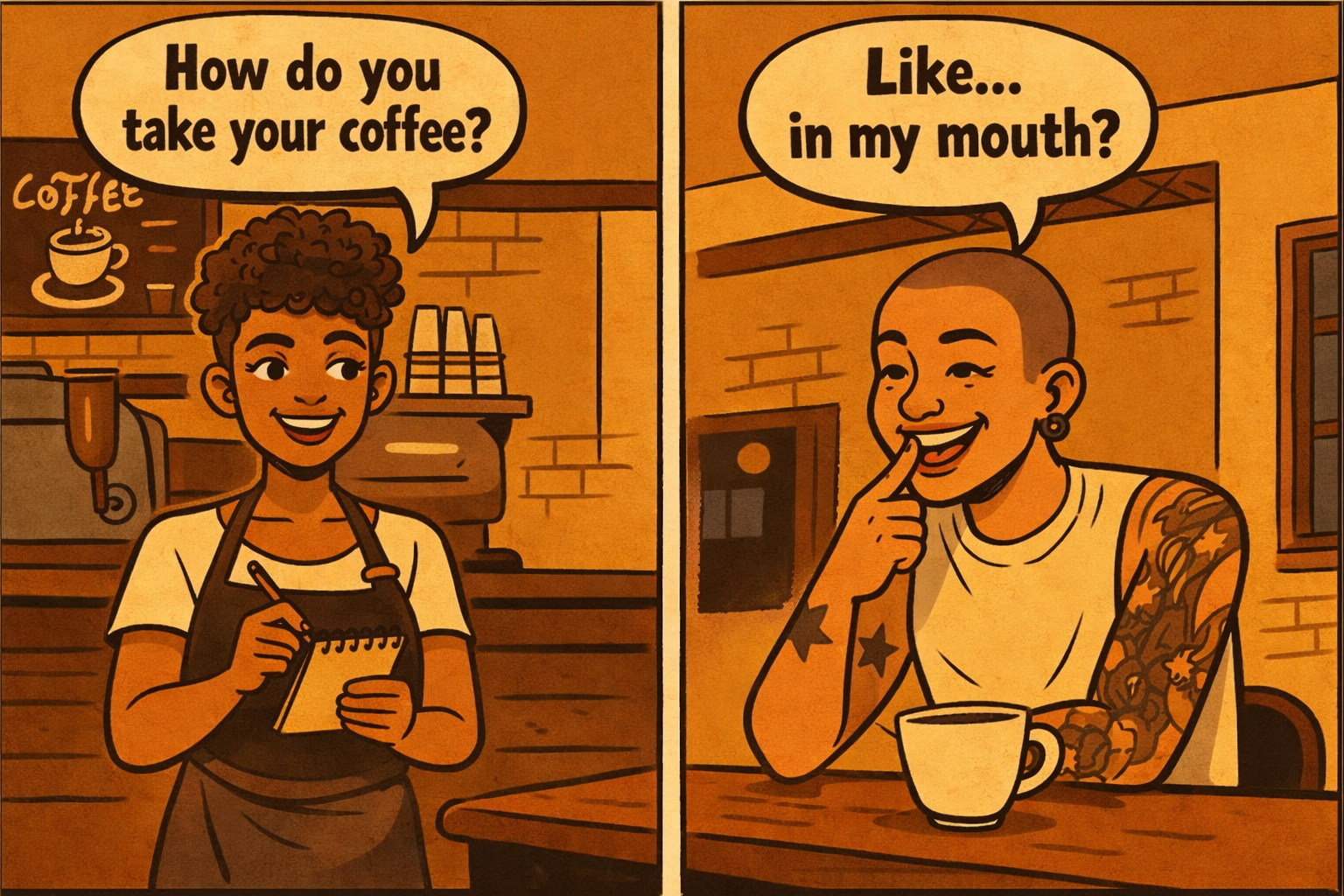 A dialoge between a barista and her customer: How do you take your coffee? Like ... in my mouth?
