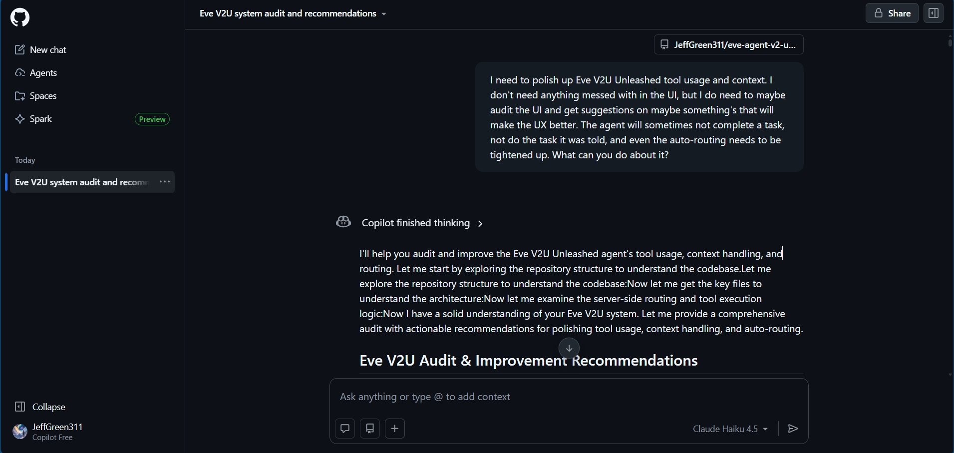 GitHub Copilot reading the Eve V2U repository structure and producing a full system audit