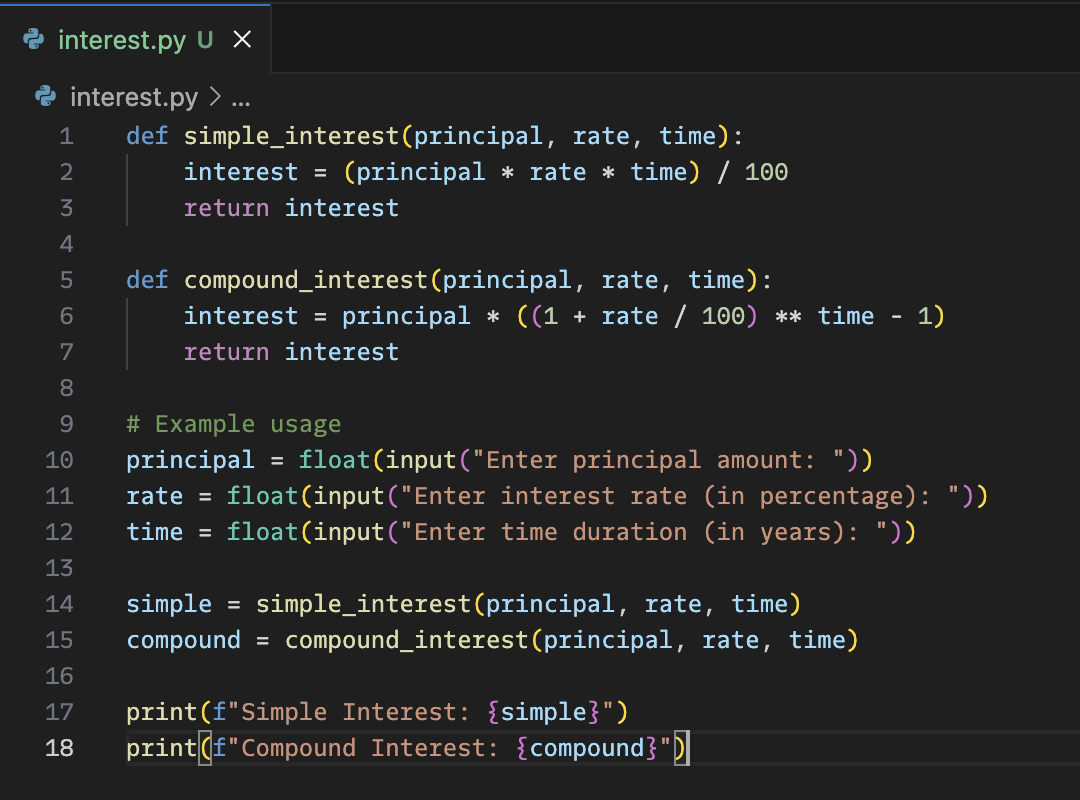 Python Code to calculate interest