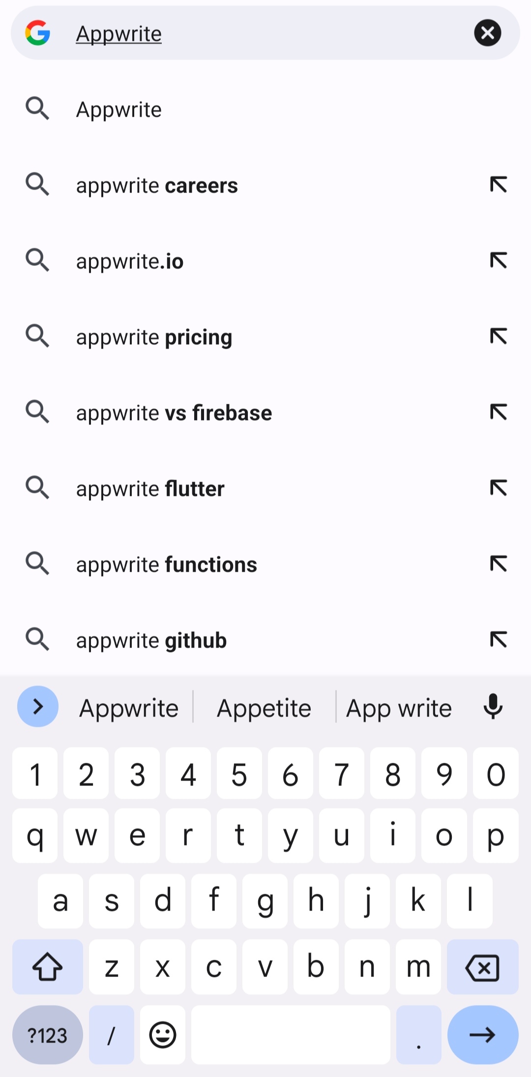 Appwrite in the search bar