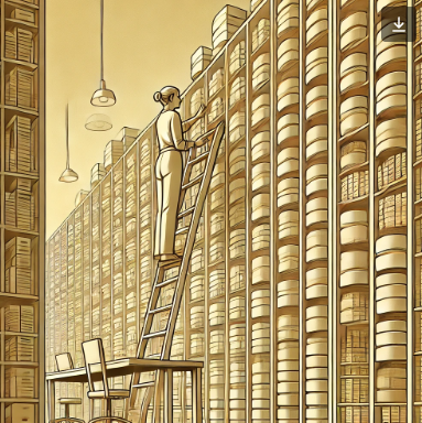 Here is the illustration for the Database Administrator depicted as a librarian, designed in calm beige tones. This image captures the librarian meticulously organizing digital data blocks on tall shelves in a library setting that combines traditional and modern elements.